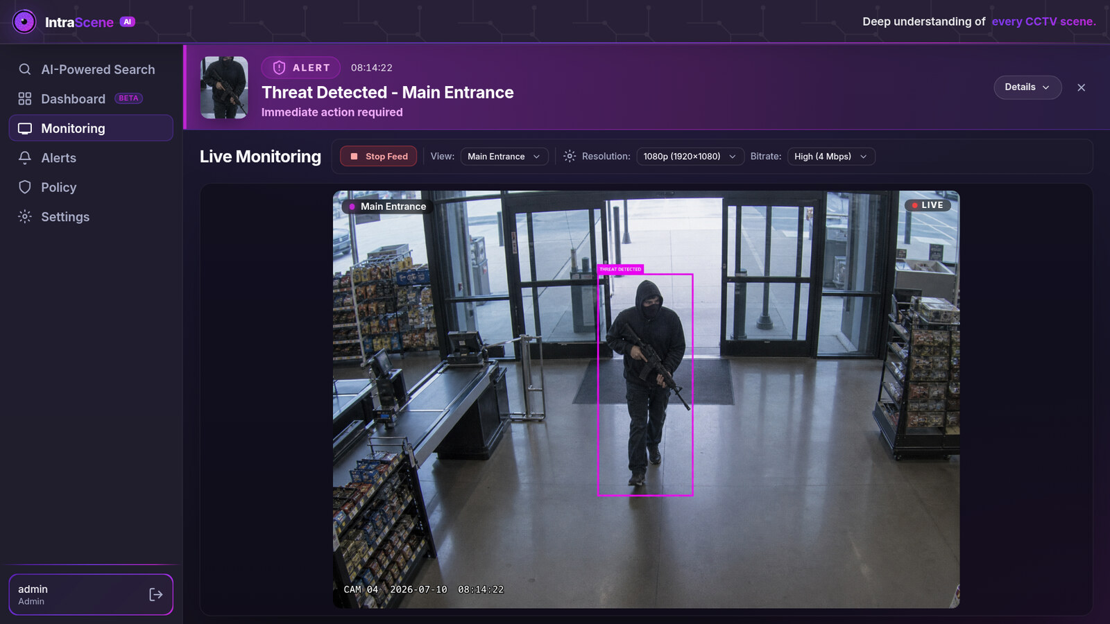 IntraScene Live Monitoring surfacing a real-time weapon threat alert as an armed person enters a store entrance