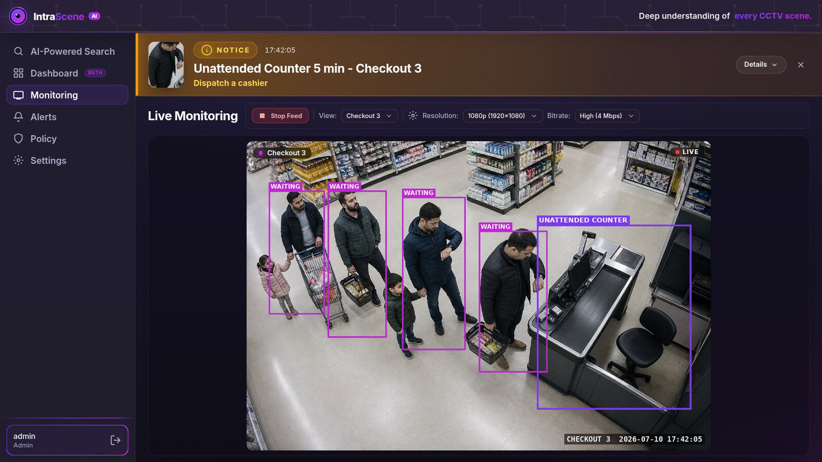 IntraScene Live Monitoring surfacing an operational alert for an unattended checkout